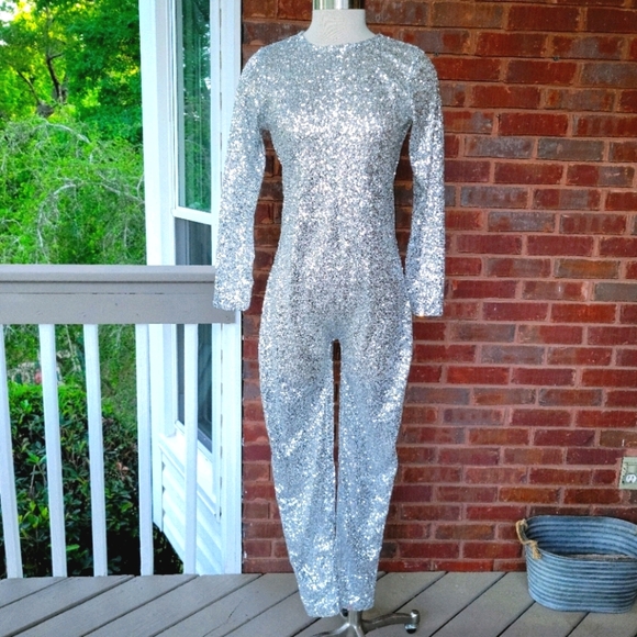 Silver Sequins Jumpsuit Long Sleeve Small - Picture 1 of 4